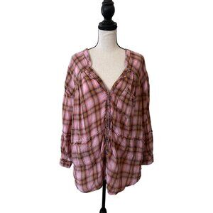 We The Free Pink Plaid Tunic Blouse Slouchy Grunge Tied Back Detail Medium